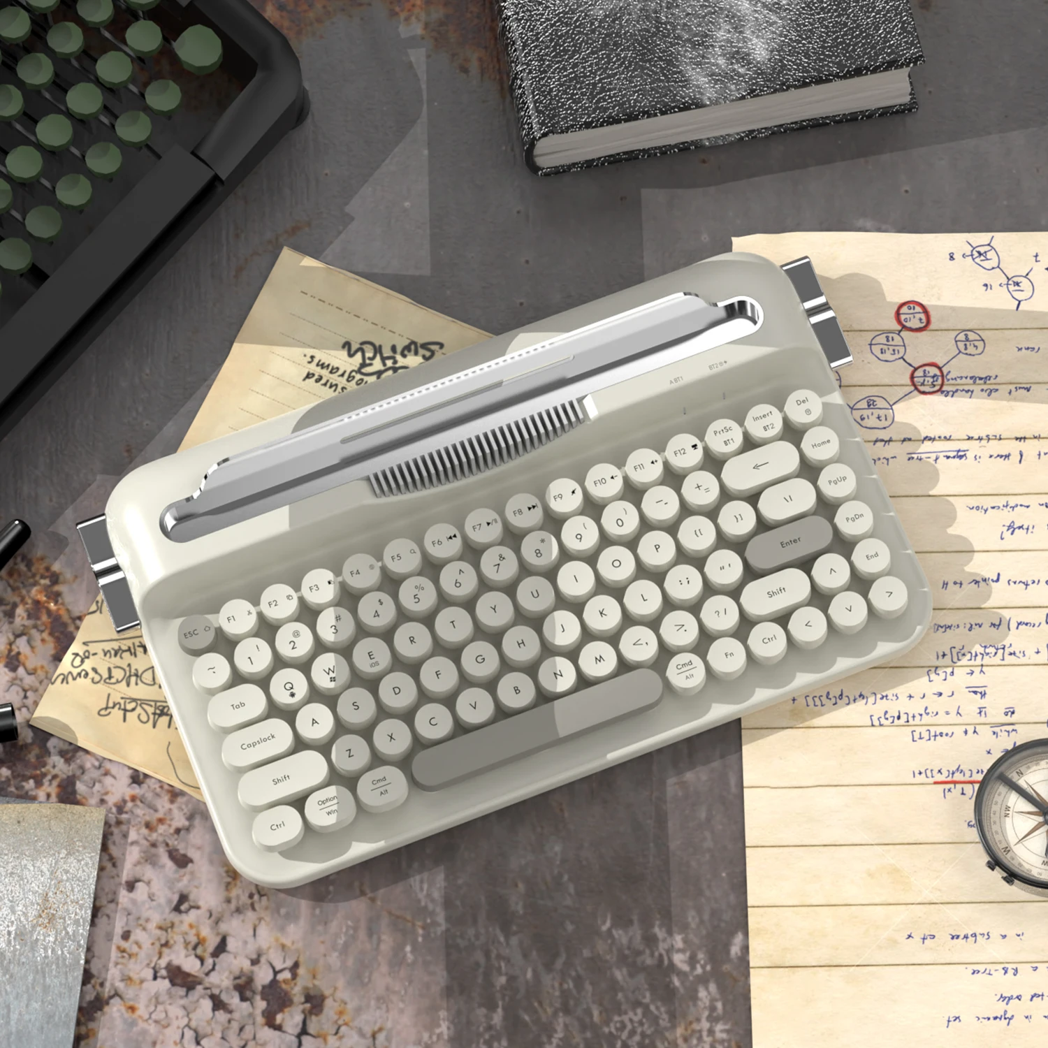 

Ajazz AF84 Беспроводная двухрежимная офисная клавиатура Модный подарок для девочек Ретро поставляется с кронштейном для слота для карт Тонкопленочная клавиатура для пишущей машинки