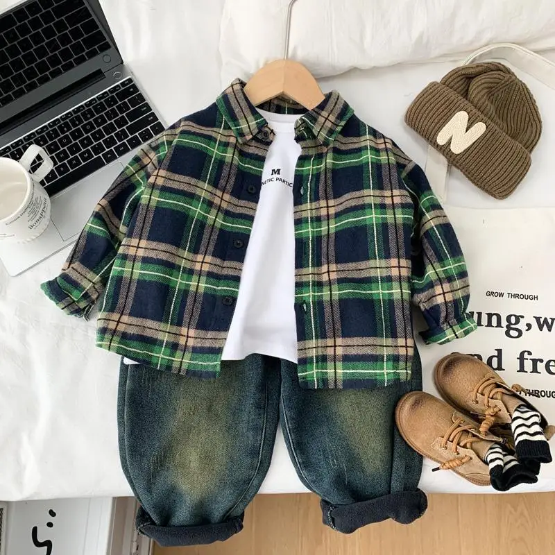 

Autumn Winter Baby Boy Shirt Cotton Plus Velvet Warm Plaid Thicken Toddler Boys Tops Warm Versatile Children Boy Coats Outerwear