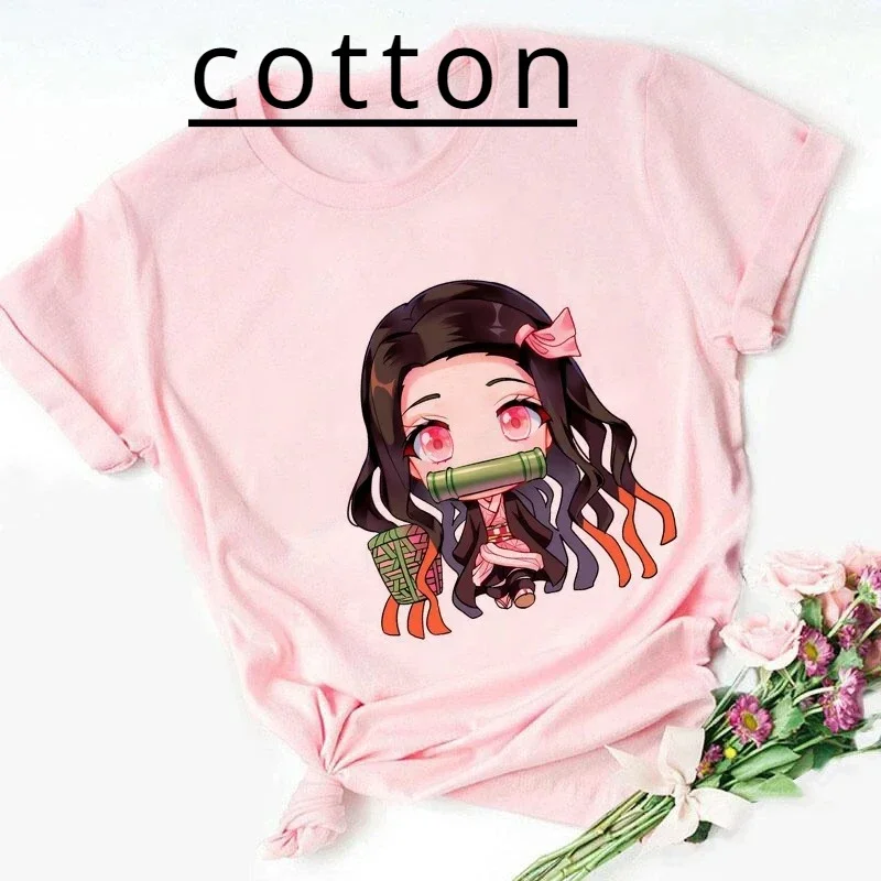 Camiseta de algodão estampada infantil Nezuko Kamado, Kimetsu No Yaiba, camiseta rosa bebê, bonito Harajuku Kawaii Kid roupas, camiseta menina, tops