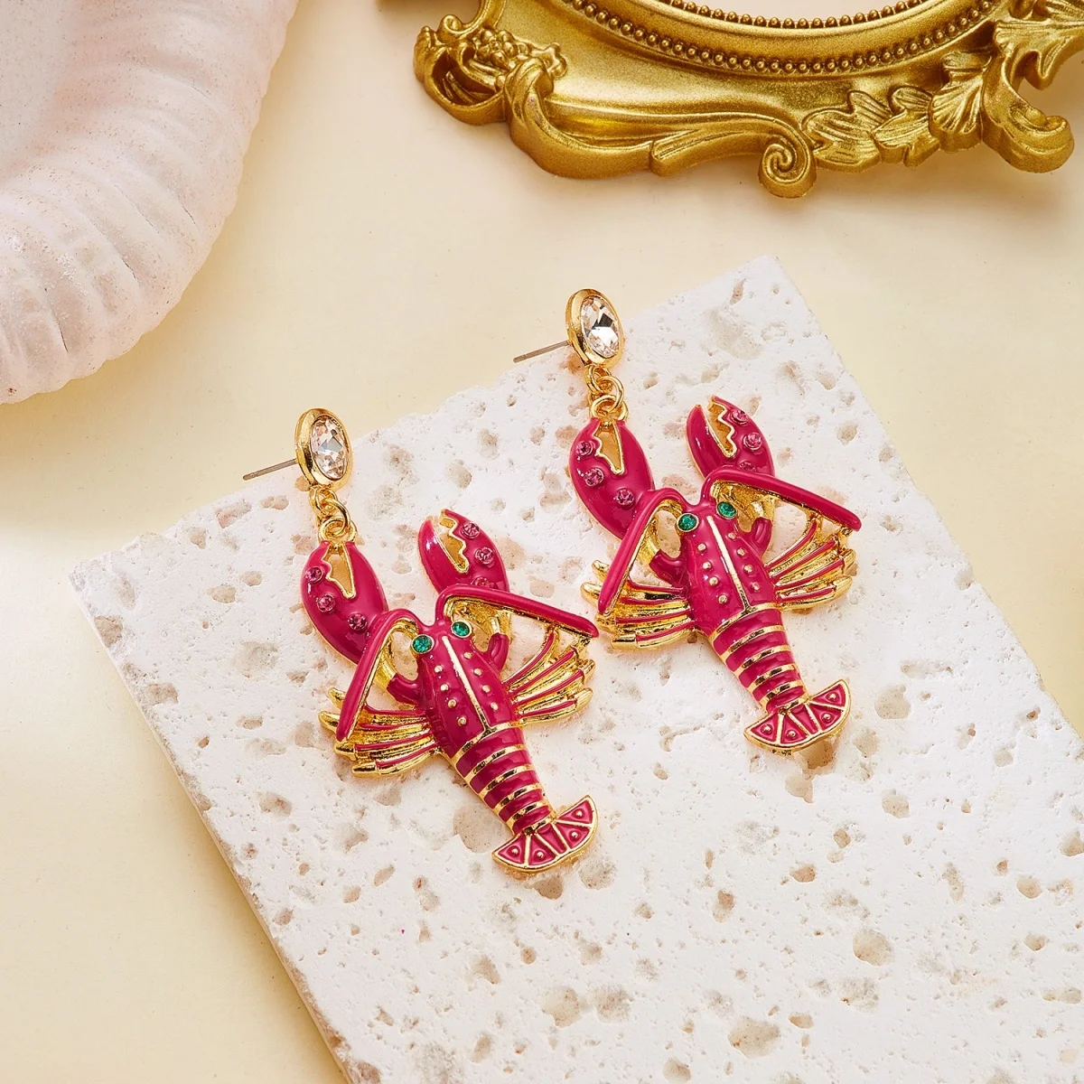 Kreative, übertriebene rote Strass-Hummer-Ohrhänger für Damen und Herren, glänzende, modische Meerestier-Sommerohrringe, Partyschmuck – Detail 21