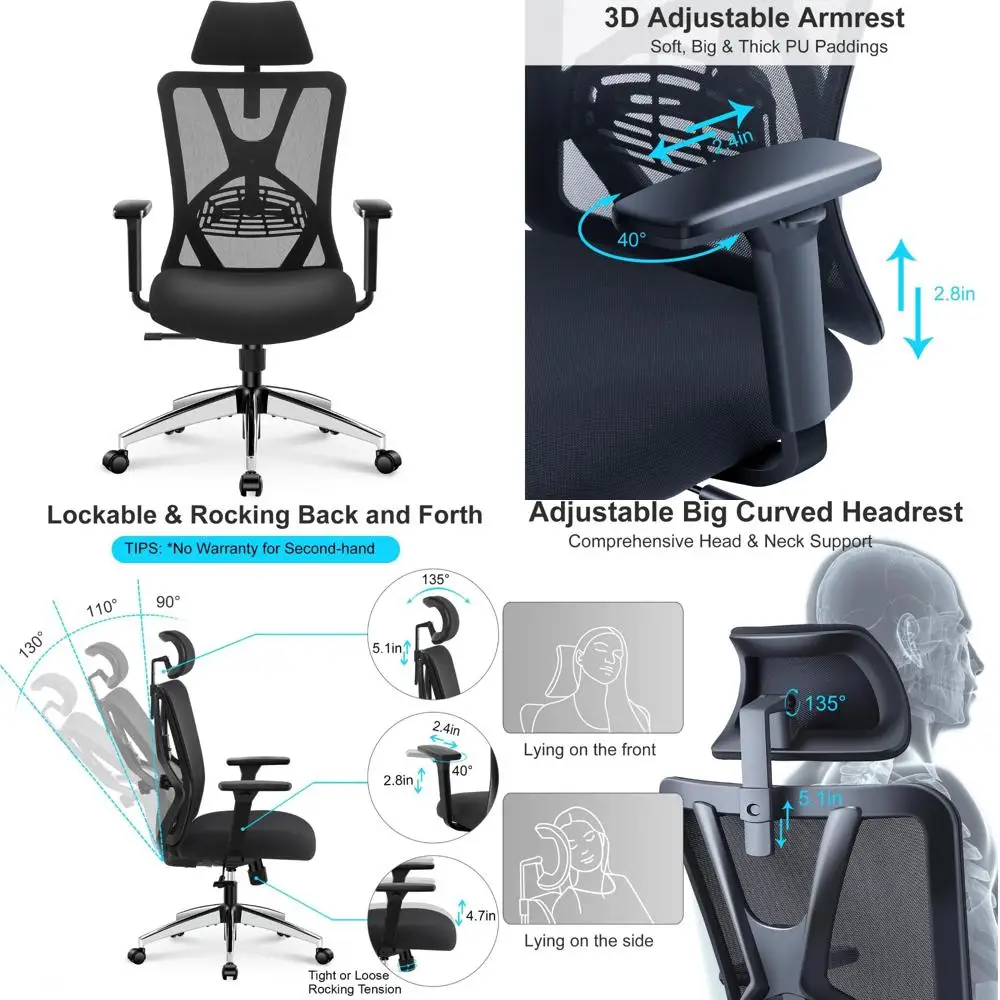 Ergonomic High Back Desk Chair with Adjustable Lumbar Support, Headrest, and 3D Armrests - 130° Rocking Mesh Office Chair
