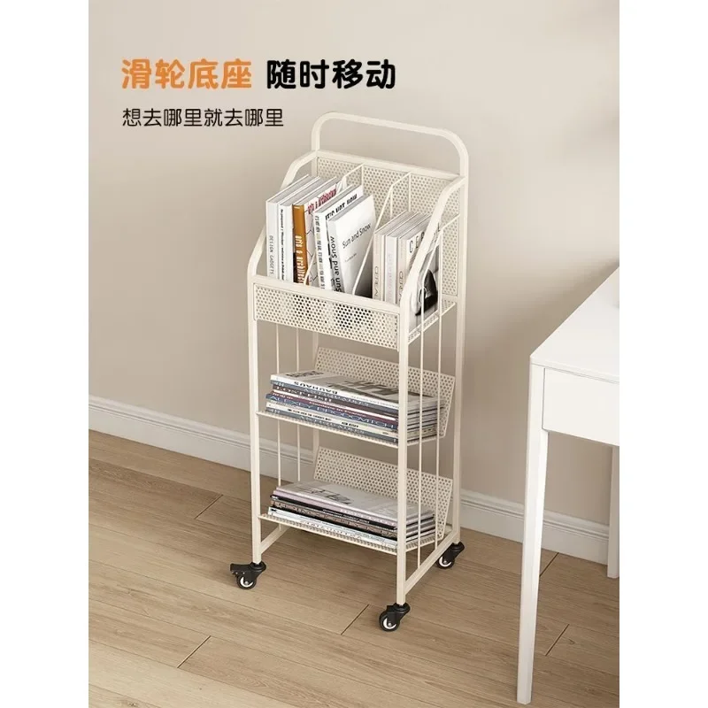 

Simple Living Room Bookshelf Floor Mobile Rack Multi-layer Wall Table Next To Iron Wheel Book Storage Desk Organizer Shelves