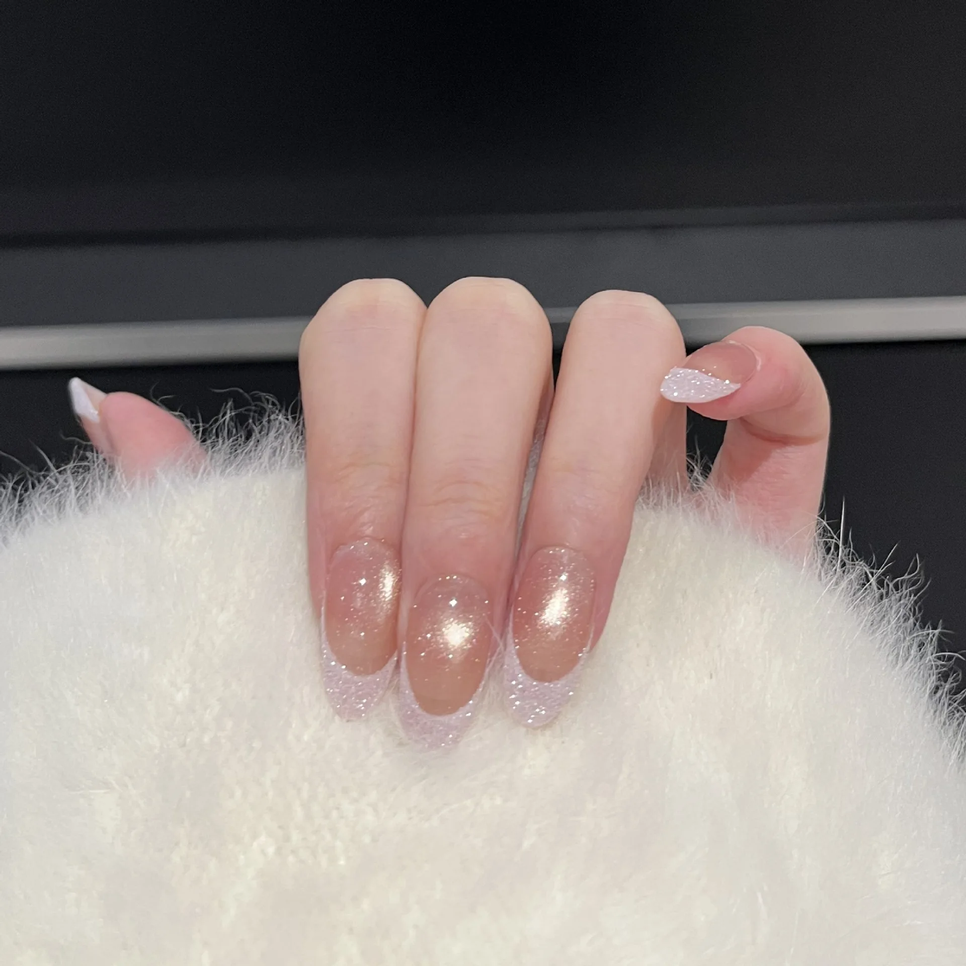 

10Pcs Handmande Mid-length Almond False Nails Full Cover Glitter Pink Cat Eye Designs Nail Tips Reusable French Finished Nail
