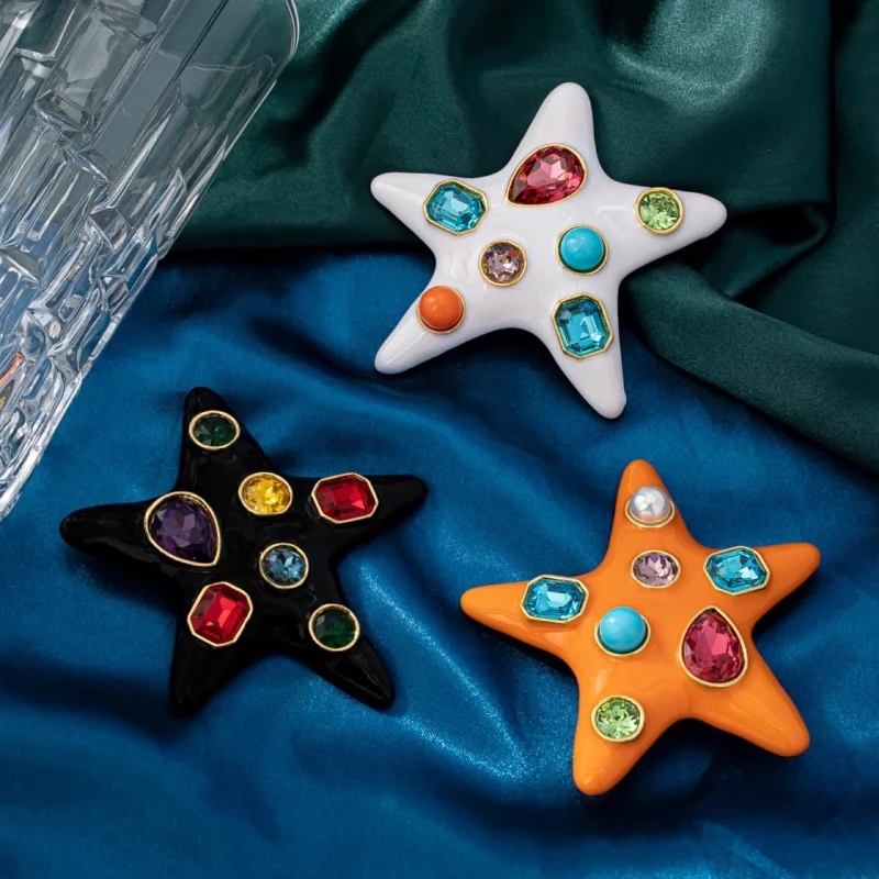 European American Starfish Franc Brooch Vintage Enamel Lapel Pin Women Fashion Party Jewelry Gift
