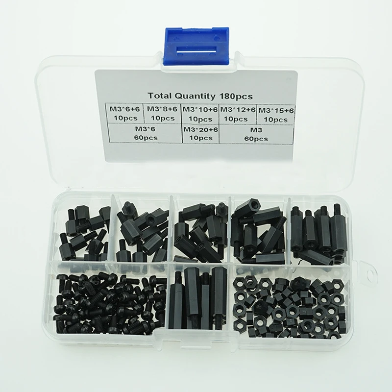 180 adet/kutu M3 6-20mm naylon altıgen vida somunu PCB standoffs ürün çeşitliliği kiti ile kutu raptiye donanım siyah