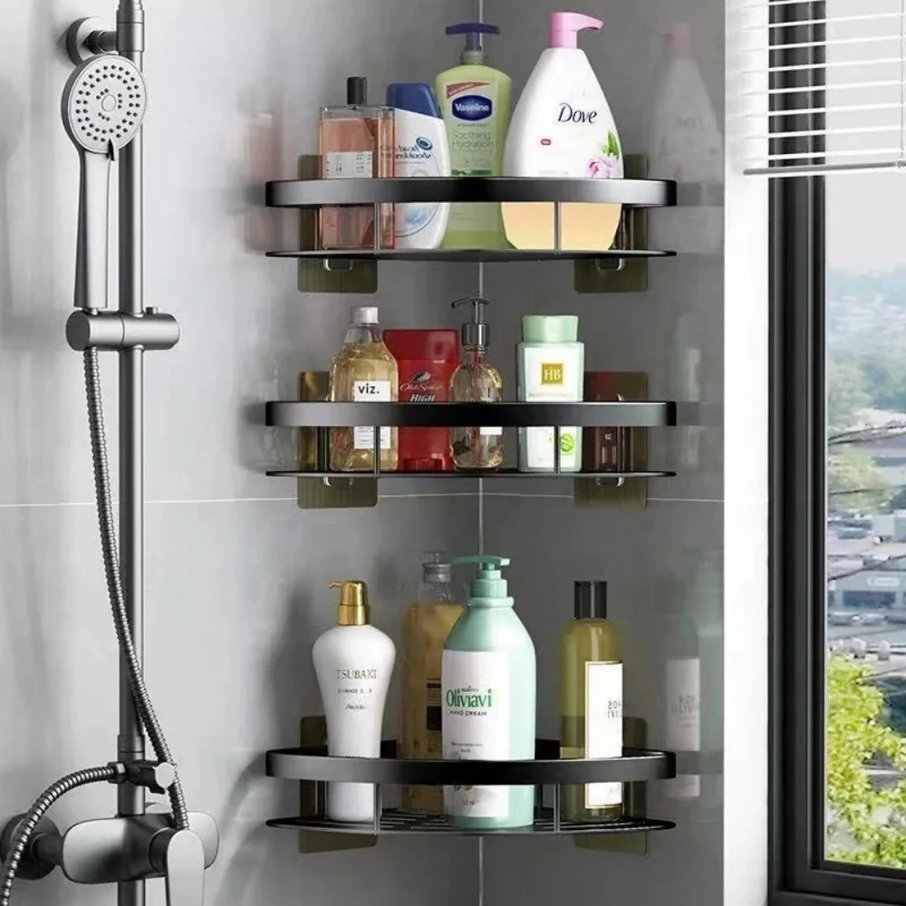 Corner storage Bathroom Organizer No Drill Wall Mount Bathroom Storage Shelf Shower Rack Organizer with Adhesive Drain Basket image 2