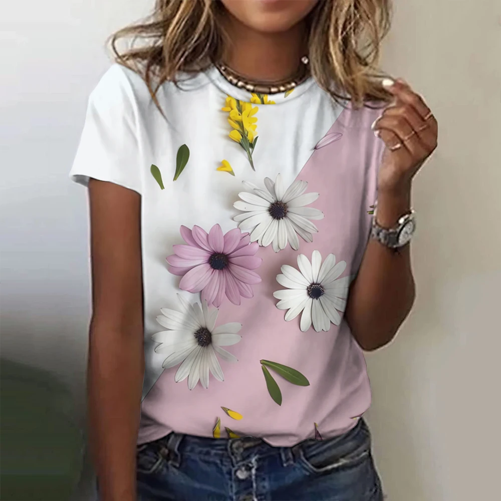 2024 Top Women Flower Printed Women\'s T-Shirt Oversized T-Shirt Popular Clothes Women Clothing Short Sleeve Tee Blouse