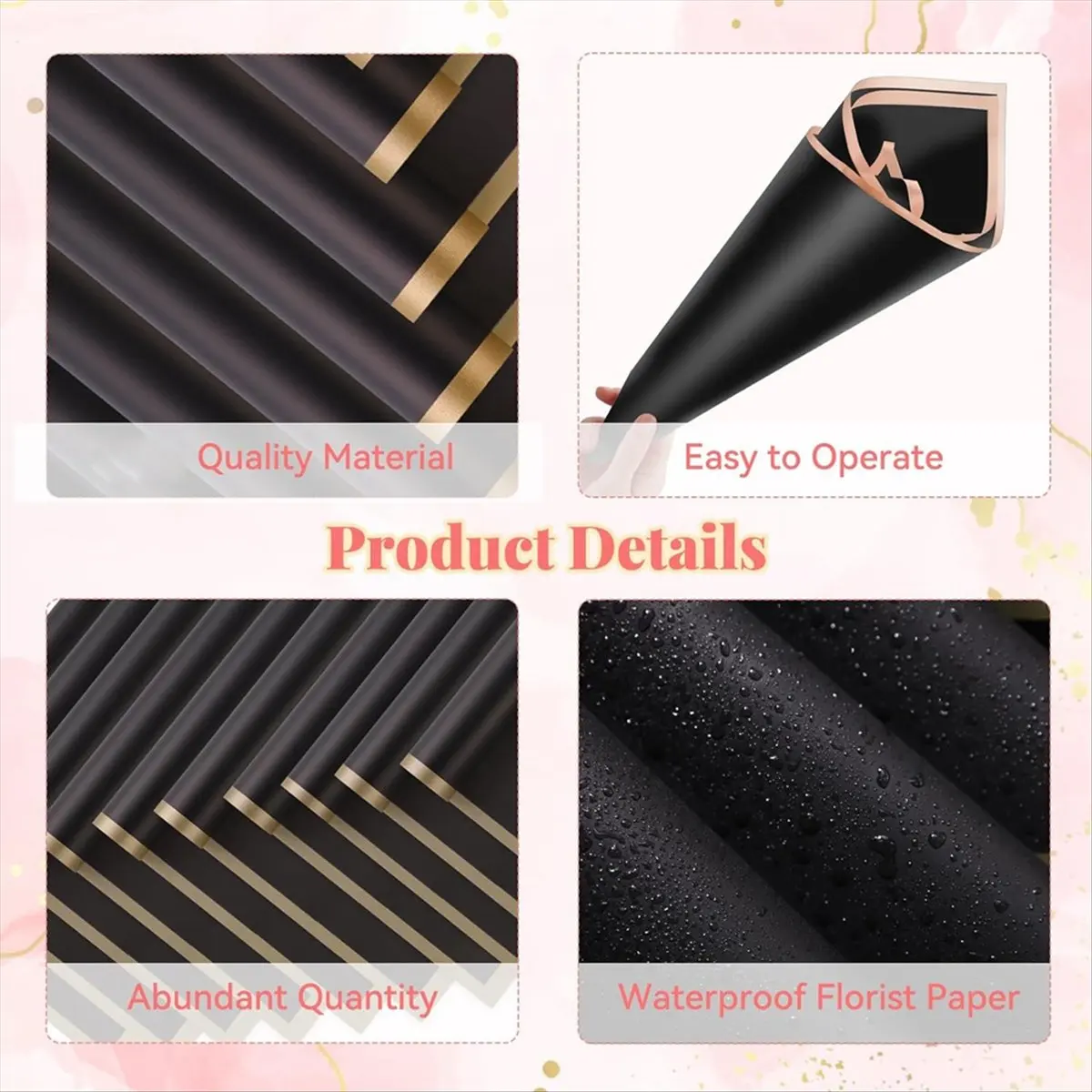 onsale 100 Sheets Black Flower Wrapping Paper Gold Edge Bouquet Accessories,23 Inch Florist Floral Bouquet Supplies