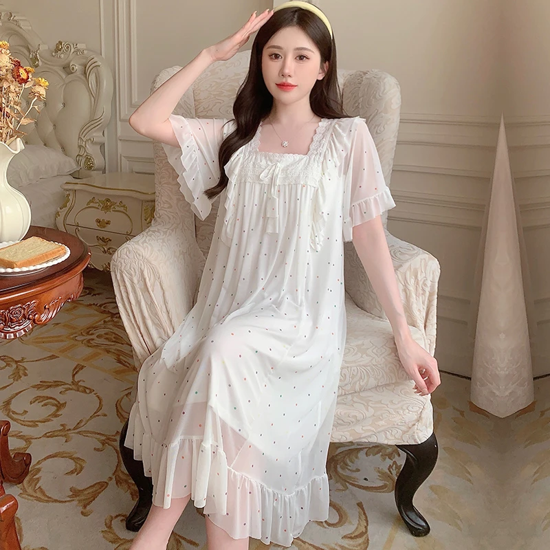 Hot Summer Sweet Lace Princess Short Sleeve Cotton Nightgowns for Women Korean Cute Sleepwear Night Dress Nightdress Home Nighty