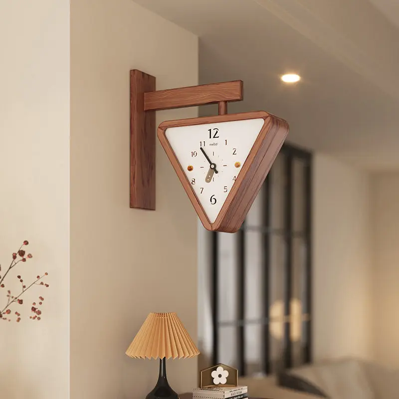 Solid wood double-sided triangular wall clock, creative corner wall hanging table in living room, simple and silent