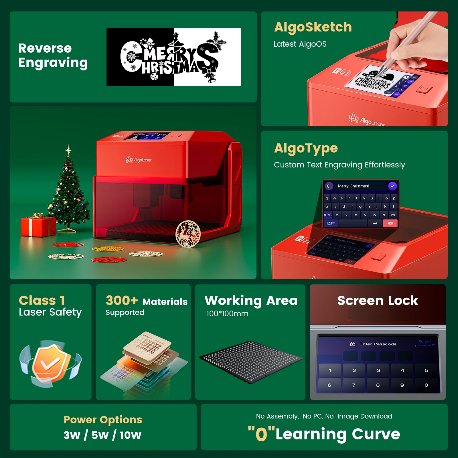 Algolaser pixi máquina de gravação a laser com tela sensível ao toque ajuste automático potência/velocidade para presente diy fazendo gravador a laser de mesa