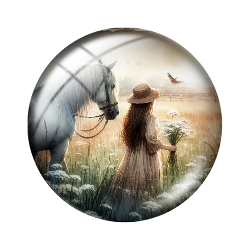 Girl With Horse 10pcs 12mm/16mm/18mm/30mm Round Photo Glass Cabochon 25mm Demo Flat Back Making findings