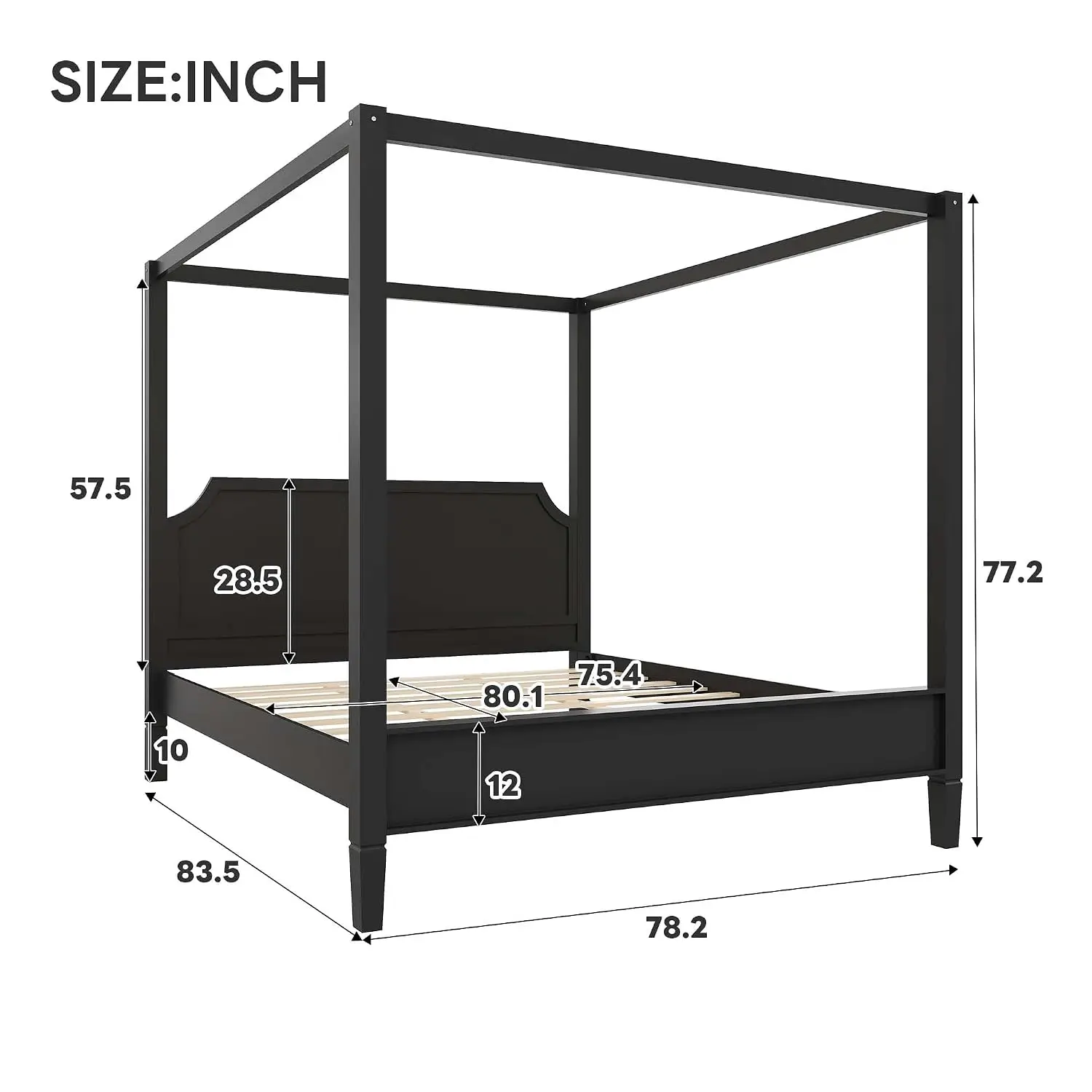 King Size Wood Canopy Bed Frame, Black Vintage Four-Posters Platform Bed Frames With Headboard, 10-Slat Support, Customized