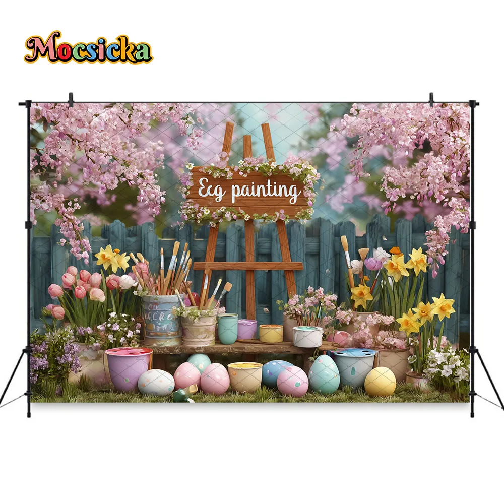 Mocsicka Easter Garden Backdrop Photography Pink Flower Egg Painting Cart Fence Background Spring Baby Birthday Photo Studio