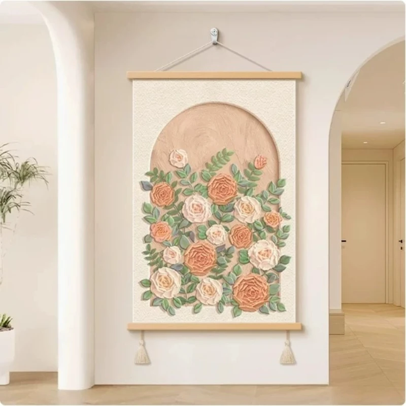 Wall Art Blush Roses and Beige Textured Field French Style Pearlescent Canvas Hanging Scroll with Wooden Rods for Living Room