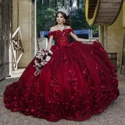 ANGELSBRIDEP Luxury Burgundy Ball Gown Quinceanera Dresses With 3D Flora Sweet 16 Mexican Girls Pageant Gowns