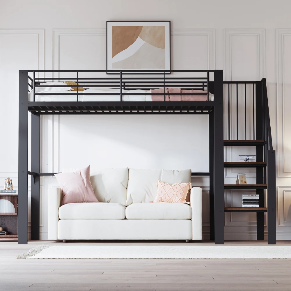Stabiles Hochbett aus Metall, 90 x 200 cm/140 x 200 cm, mit geräumigem Stauraum unter dem Bett und Treppe für Kinder und Erwachsene, Bettgestelle und -gestelle – Detail 38