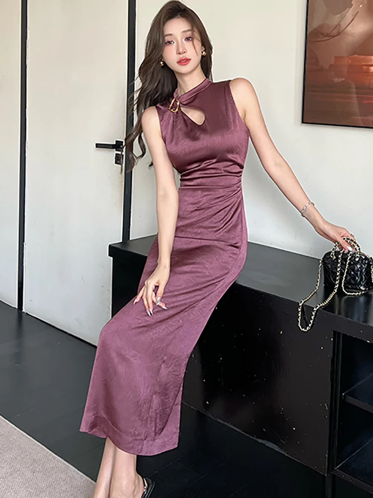 Verano púrpura satén Jacquard ahueca hacia fuera el vestido largo con cuello levantado mujeres elegante vestido internacional de lujo 2025 vestido coreano Chic