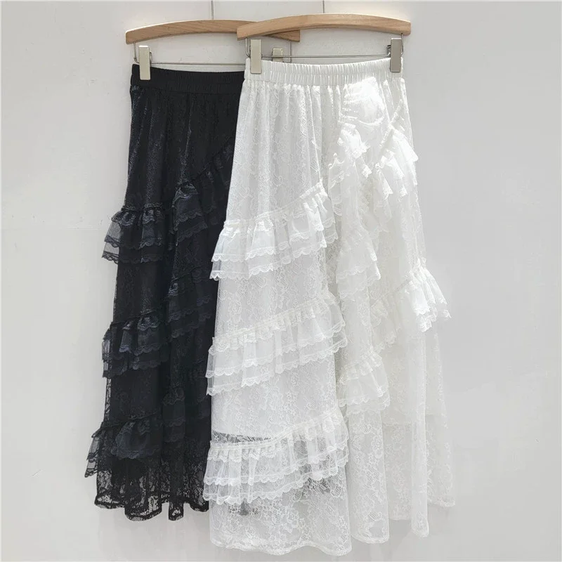 Korean Elegant Temperament Fashion Mesh Dot Skirts Lace Splicing Elastic High Waist A-line Versatile Sweet Long Skirt For Women