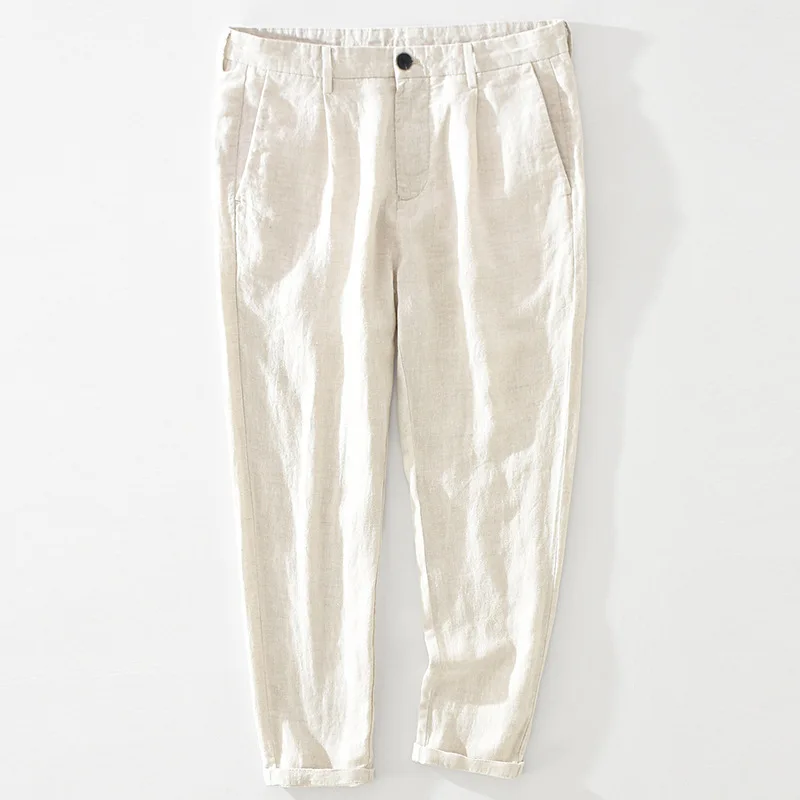 

Men Cropped Pants Japan Style Retro Simple Fresh Art Casual Quality Soft Solid Color Zipper Thin Loose Linen Trousers