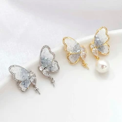 1 Pair New 14K Copper Clad Gold Inlaid Zircon High-grade Gradient Crushed Stone Blue Butterfly Strap Earring Jewelry Accessories