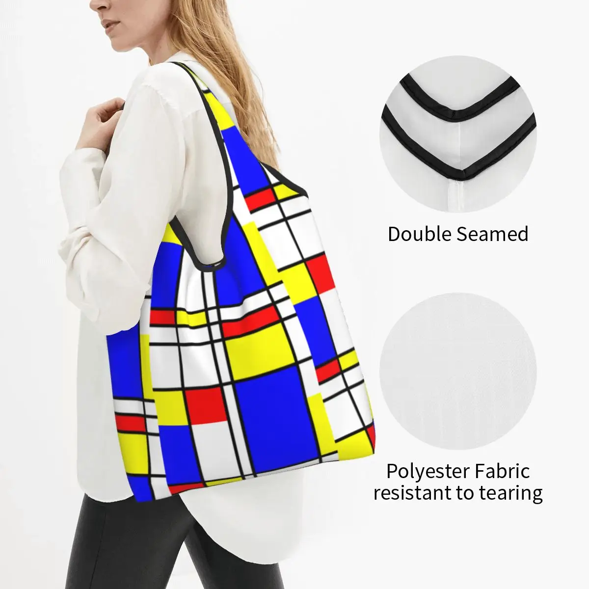 Piet Mondrian Grocery Shopping Tote Bags Women Kawaii Abstract Art Plaid Shopper Shoulder Bags Large Capacity Handbag