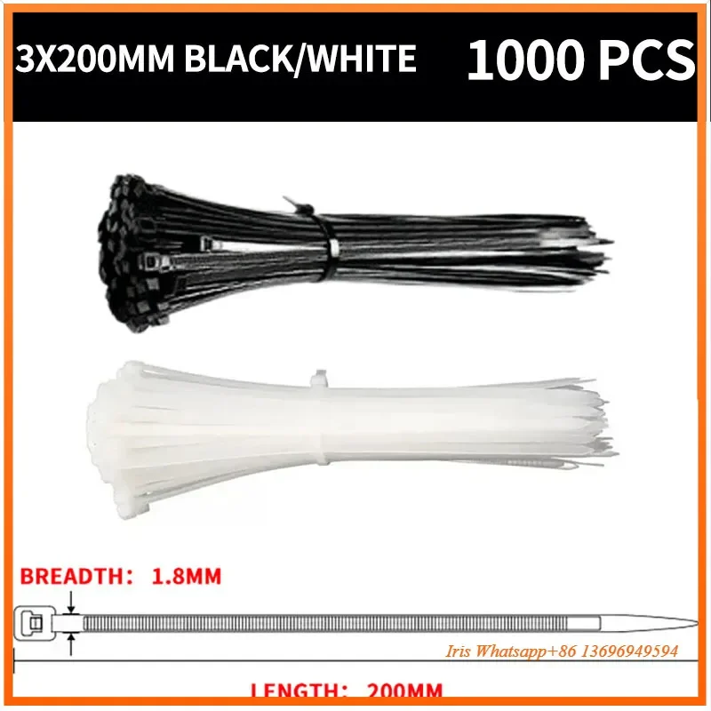 1000pcs Self-Locking Nylon Cable Ties: Black/White, High-Temp Resistant,3/4/5 Series 100/150/200/250/300/400MM Water Pipe
