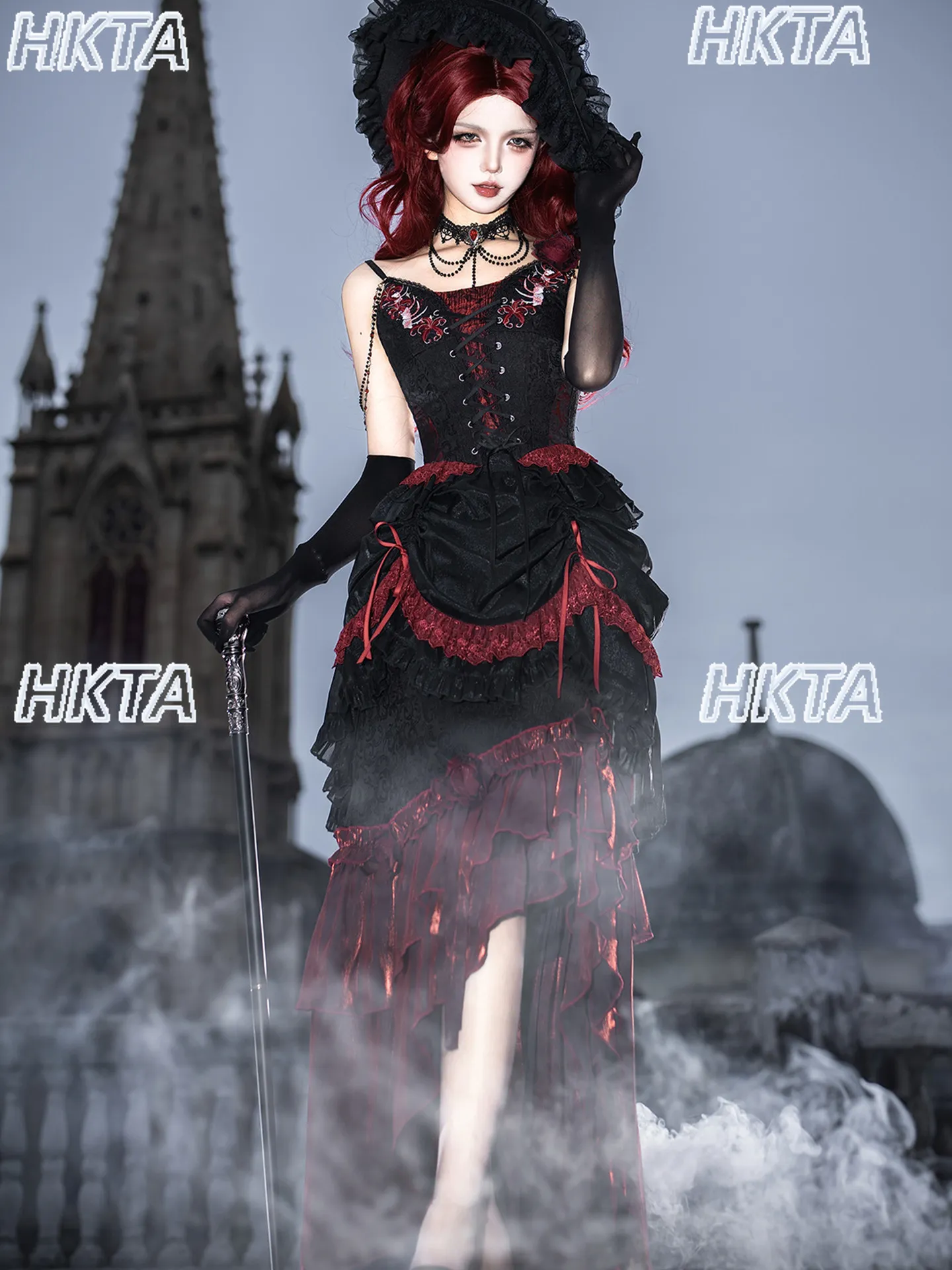 Elegant Vintage Dark Goth Subculture Y2k Personality Lace Embroidered Lolita Suspender Vest A Line Skirt Red Dress Set Women view 4