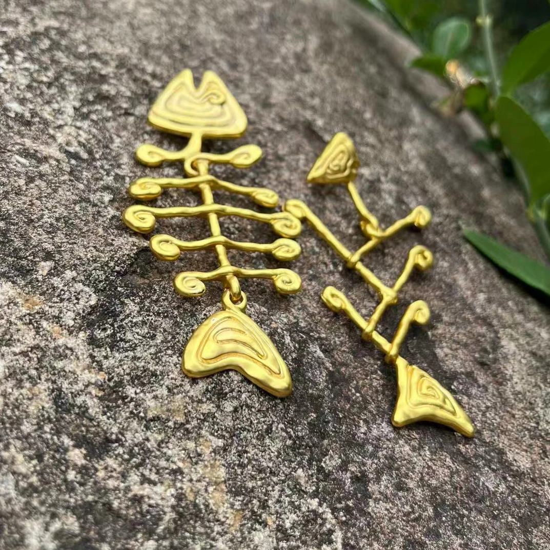 Vintage Gold Color Fish-Bone Asymmetric Dangle Earrings