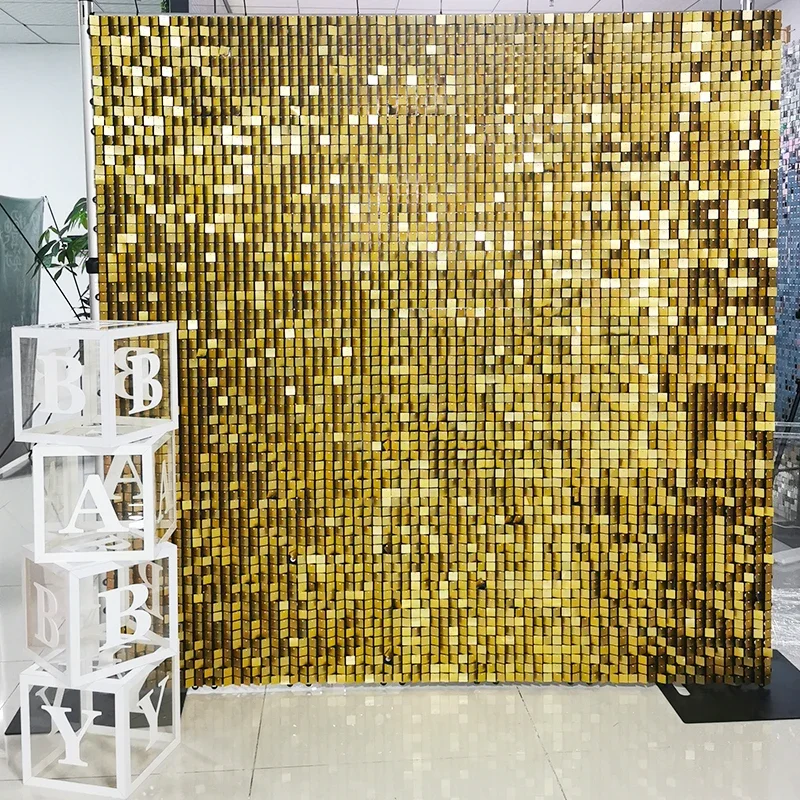 Hot Sale Grid Gold  Mirror Shimmer Sequin Wall Panels Wedding Party Decoration Advertising Backdrop Square Sequin Shimmer Wall