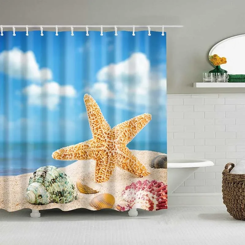 Ocean Shower Curtain Seaside View Tropical Plant Palm Tree Nature Landscape Picture Cloth Fabric Bathroom Decor Set with Hooks