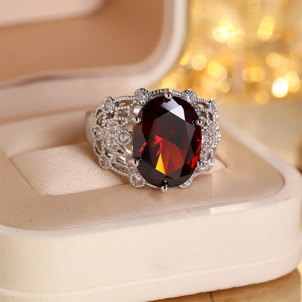 Big Oval Stone Red Crystal White Zircon Rings For Women Men Vintage Silver Color Bridal Wedding Bands Engagement Promise Jewelry
