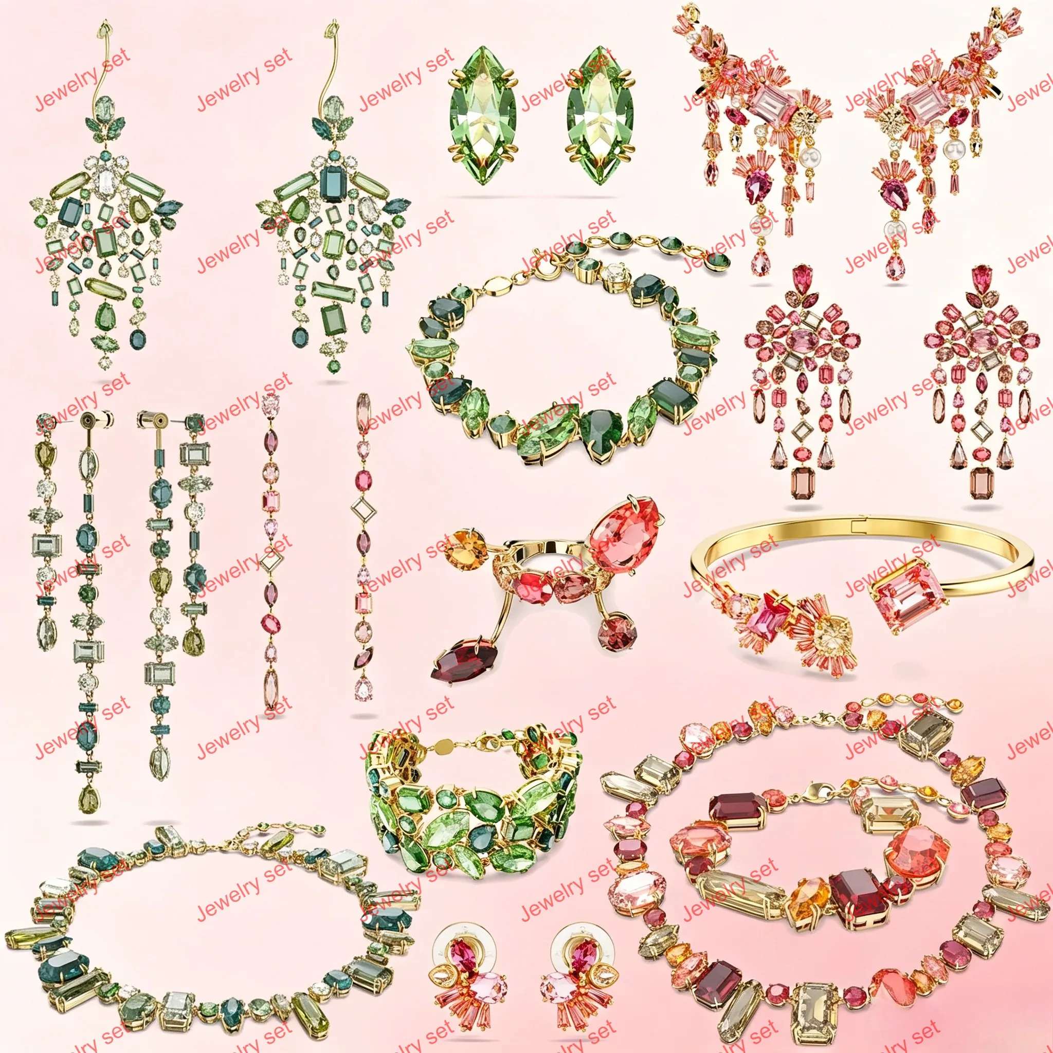 Original Luxury Brand Fine Jewelry Sets Zircon Crystal Green Necklace Earring Bracelet Charms for Women Wedding Accessories