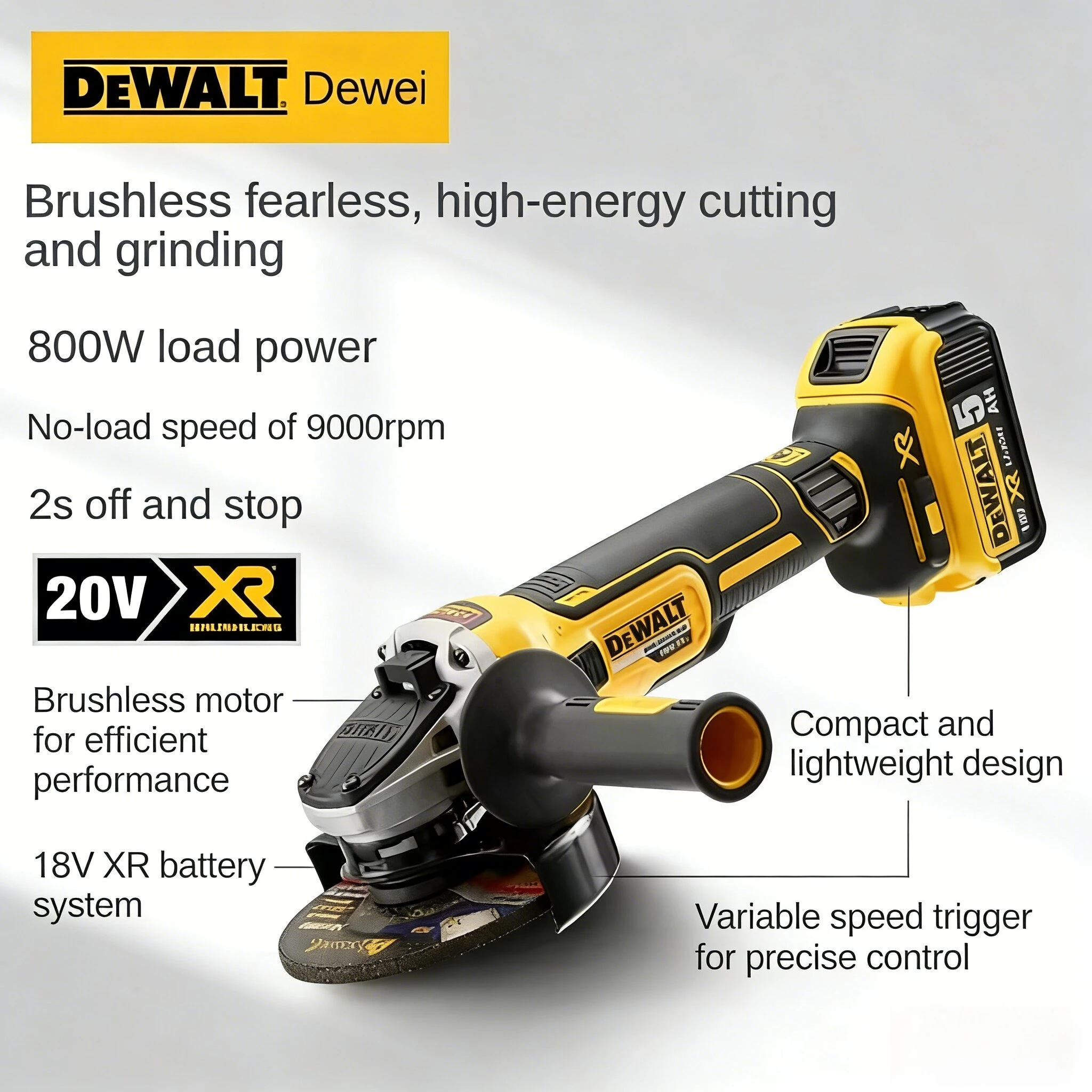 

Угловая шлифовальная машина DEWALT DCG405 125 мм с плоской головкой, без аккумулятора и зарядного устройства, 18В/20В, литиевая батарея, бесщеточный двигатель