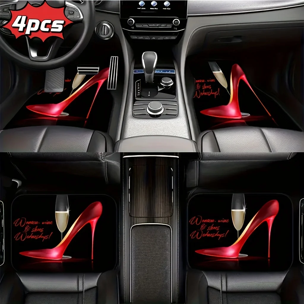 4pcs Of Elegant Red High-heel Patterned Car Anti-slip Floor MATS - Water-absorbent, Anti-slip, Durable, Suitable For Sedans, SUV