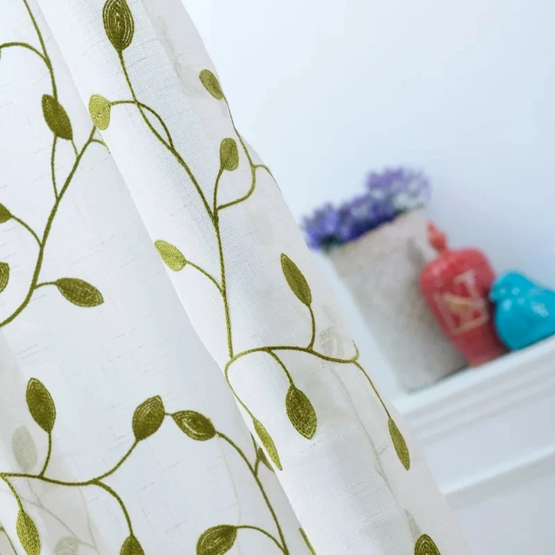 1PC Green Leaf Embroidery Sheer Curtain for Kitchen Balcony Linen Voile Window Rustic Partition Door Drape Custom #E
