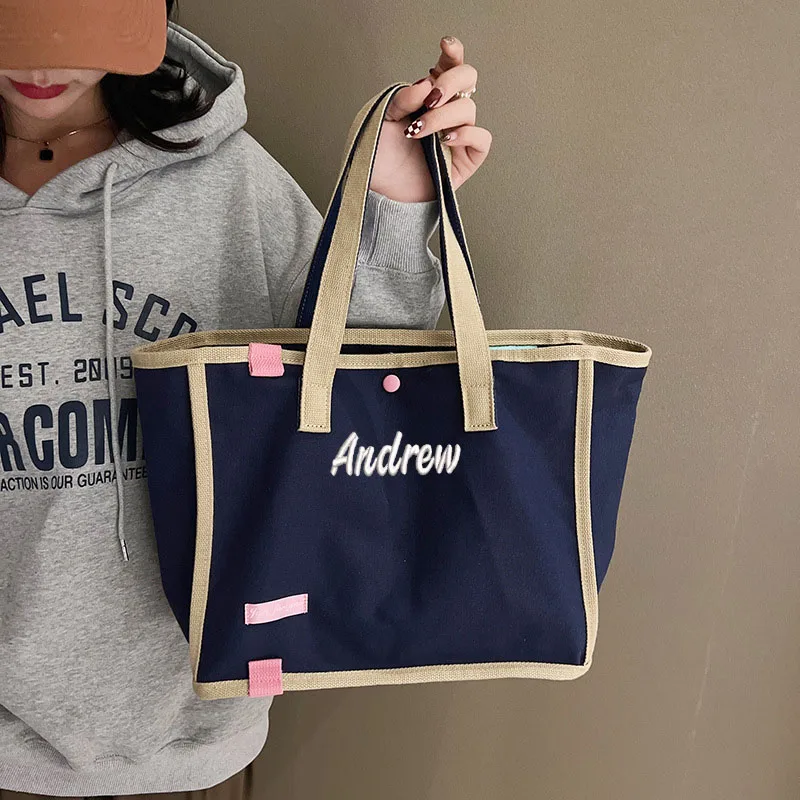 Bolso de mano de lona de contraste personalizado, bolsa de hombro de gran capacidad bordada personalizada, bolsa Bento portátil para exteriores, regalo