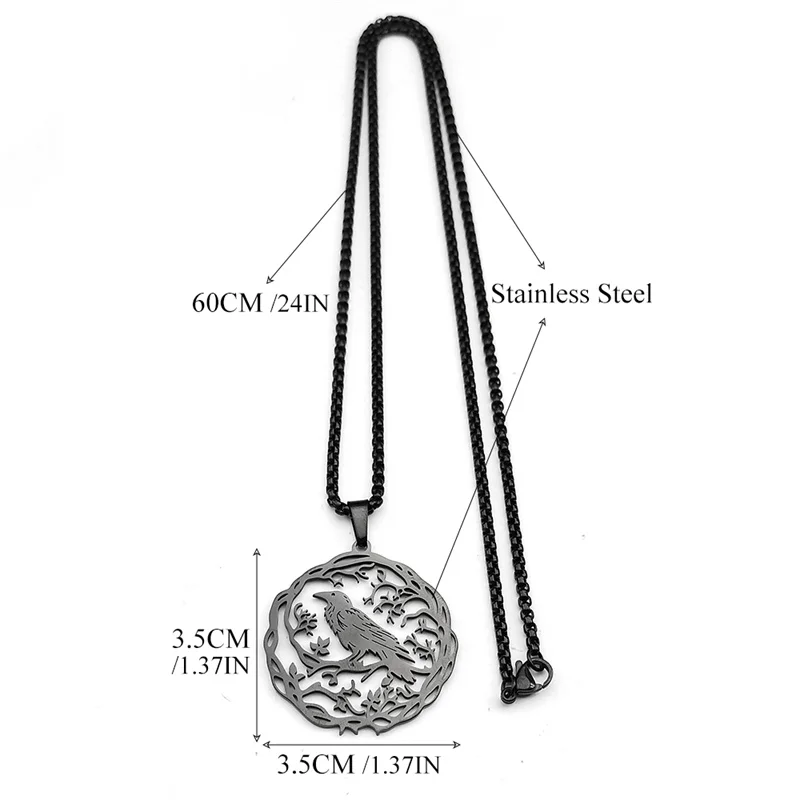 Punk Animal Raven Hollow Pendant Necklace for Women Men Stainless Steel Black Color Vine Crow Chain Jewelry Halloween Gift