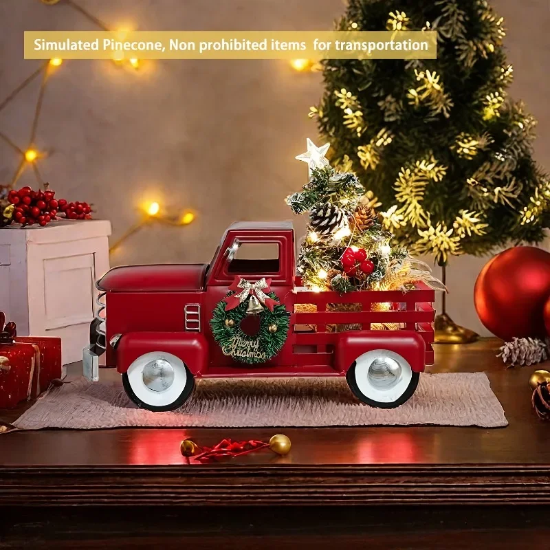 Vintage Red Christmas Truck Decor with Lights Metal Pickup Truck Retro LED Light Christmas Tree Home Party Xmas Decor Kids Gift