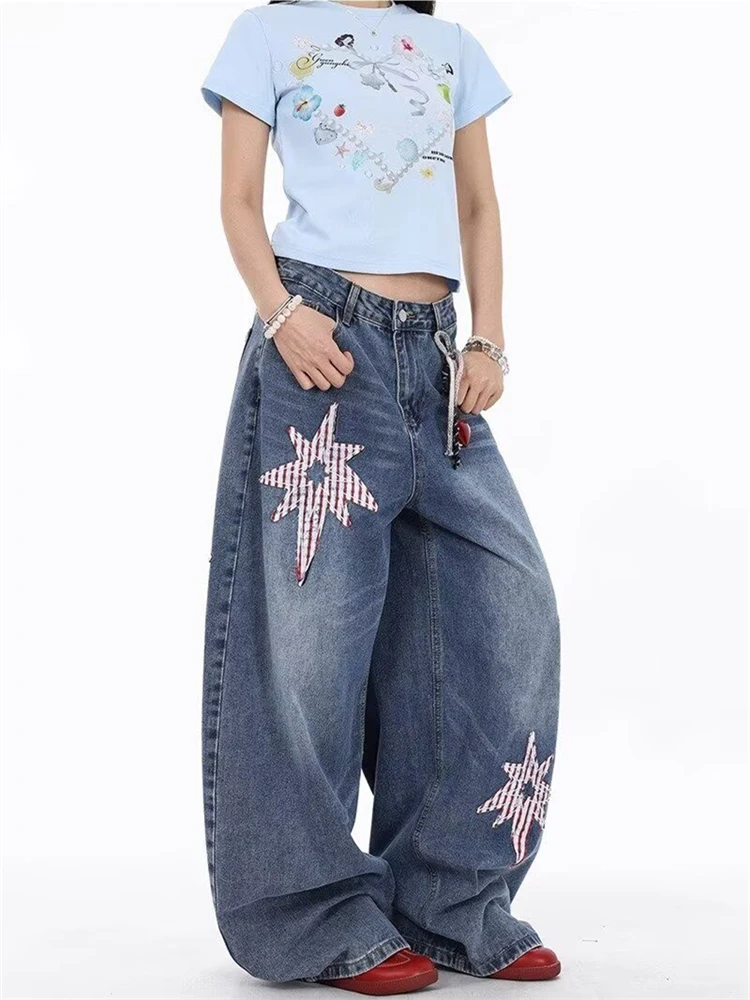 

Women's Retro Star Patch Cat Whisker Curved Jeans Wide Leg Personalized Trousers Cool Girl Casual Bottoms Female Denim Pants
