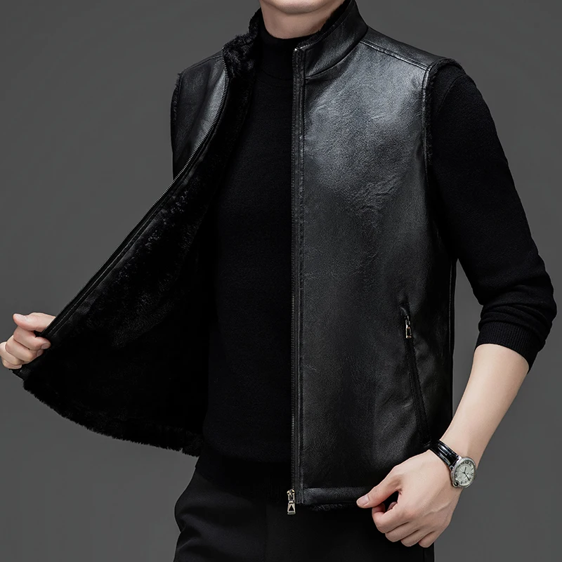 New Leather Jacket Men's Autumn Winter Vest Jacket Korean Version Dad Middle-aged and Elderly Jacket Fashionable Top Coat WJ421