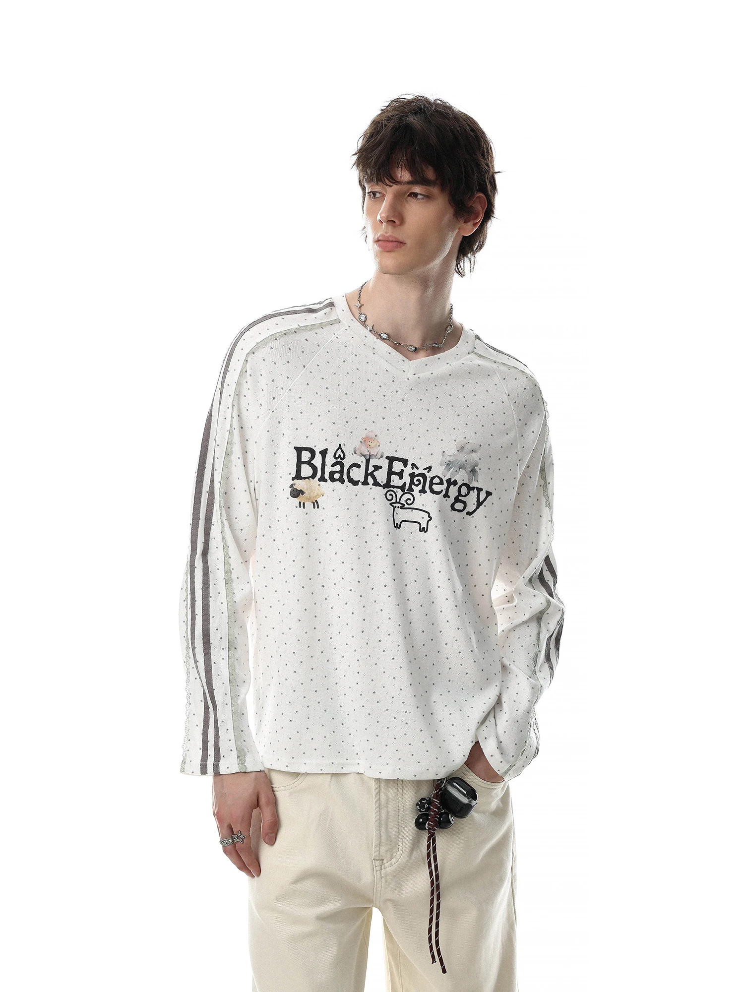 American Style Long Sleeve T-Shirt V-Neck Men's Women's Loose Couple Tops Breathable Comfortable Cotton Polyester Blend