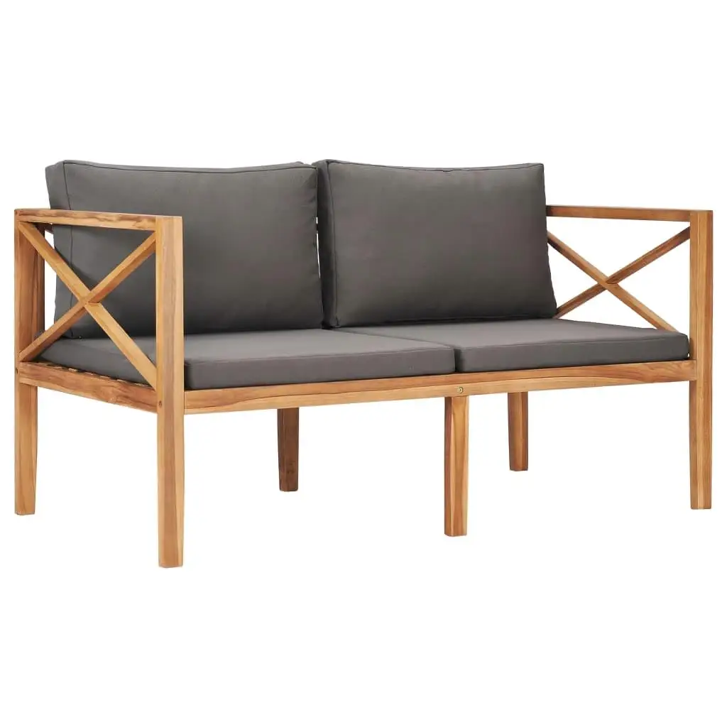 Solid Teak Wood Patio Bench with Dark Gray Cushions - Outdoor Garden Furniture