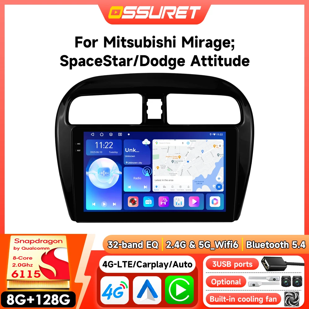Autoradio Android 2Din pour Mitsubishi Mirage 2012-2023 Space Star Dodge Attitude, Carplay sans fil, GPS par Snapdragon 6115 Player
