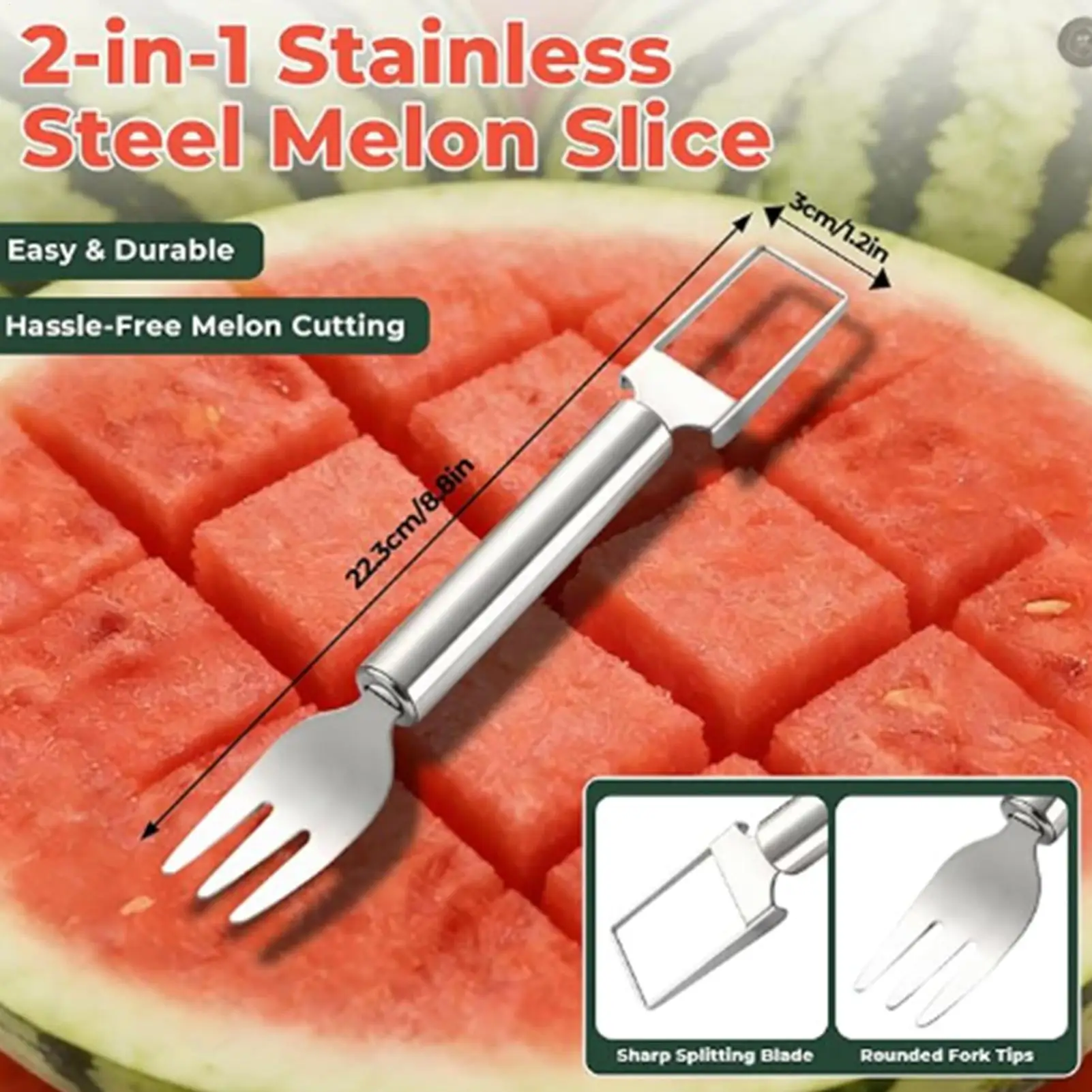 Watermelon Slicer Stainless Steel Portable Kitchen Gadget 2-in-1 Watermelon Slicer & Fork For Kitchen Outdoor Camping Picnic BBQ