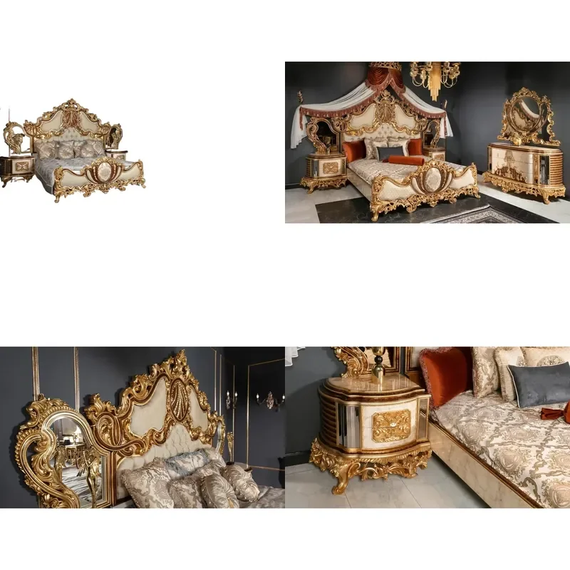 for Luxury Royal Solid Wood Mahogany Bedroom Set Gold Carved Queen Bed Wardrobe Dresser Medieval Antique Hotel Apartment