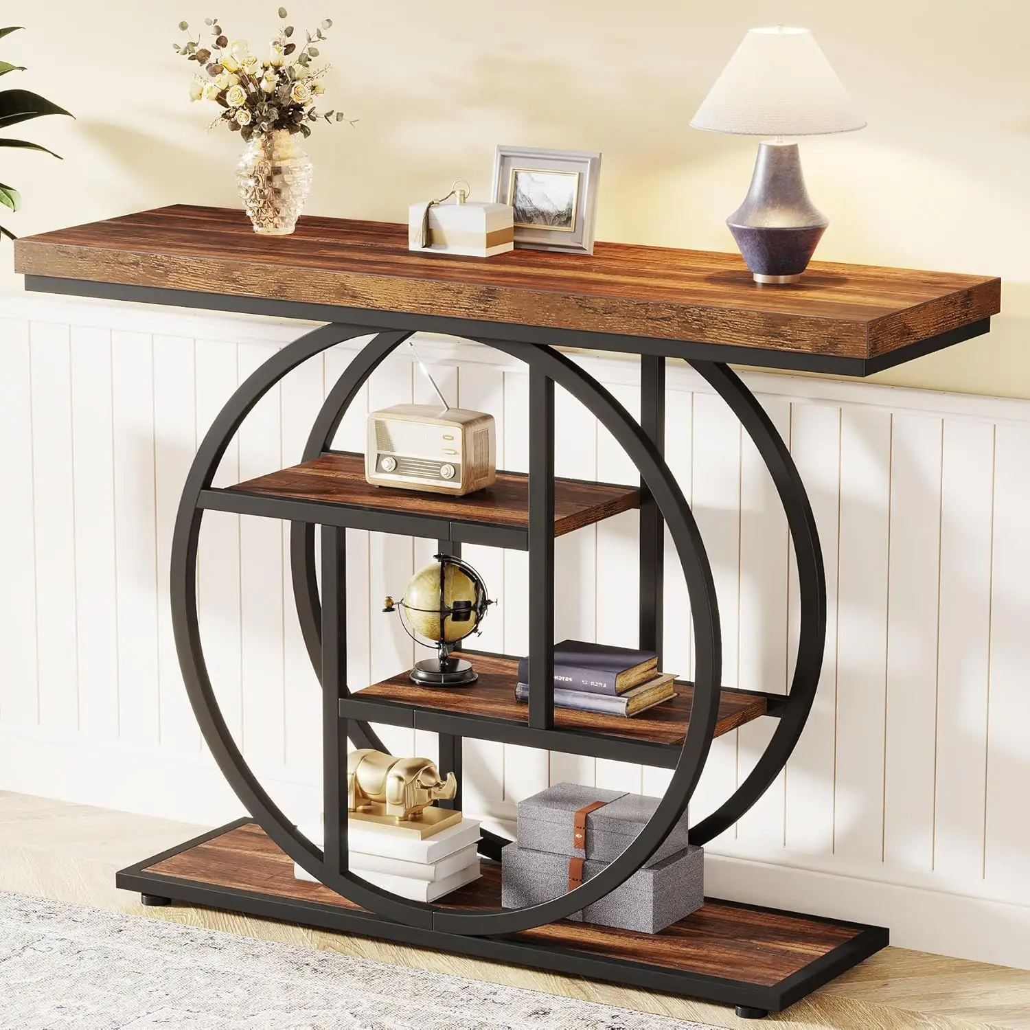 Console Table, Industrial 4-Tier Sofa Table Entryway Table with Circle Base