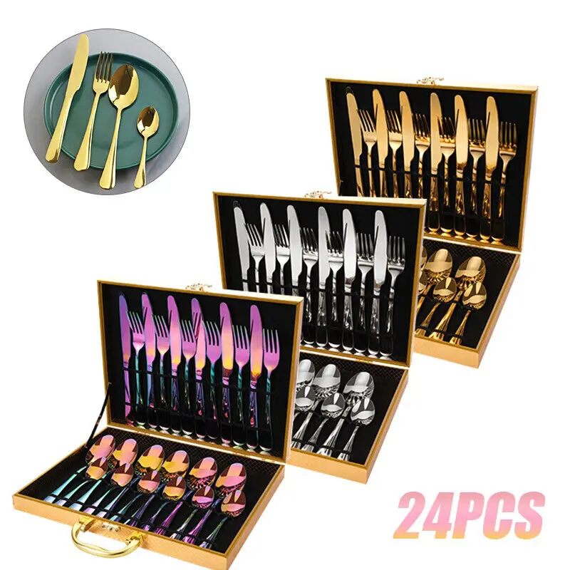 [EU Stock] 24PCS Cutlery Set tableware Set Knife Fork Spoon Set Stainless steel tableware Cutlery Set Portable Dinnerware