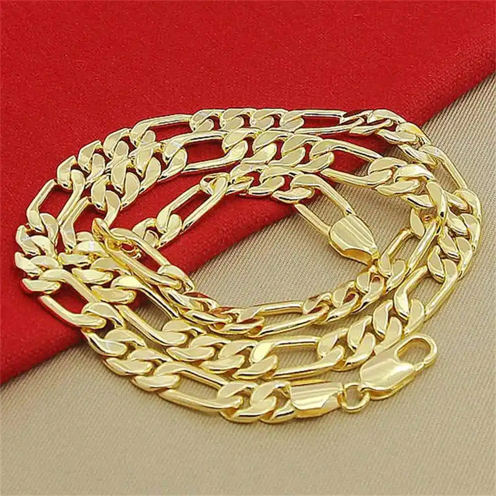 

High Quality Men's 8mm 24'' 60cm Gold Necklace 24k Yellow Gold Color Figaro Chain Necklace For Male Luxury Jewelry