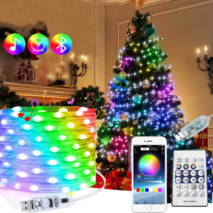 

10M 20M 40M RGBIC Smart Christmas String Light App Controlled RGB Fairy Lights Christmas Garland USB 5V Music APP Dreamcolor